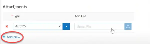 Screenshot showing the 'Add New' button circled in red under the 'Attachments' section