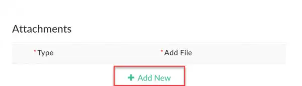 Attachments section screenshot with Add New button in red box