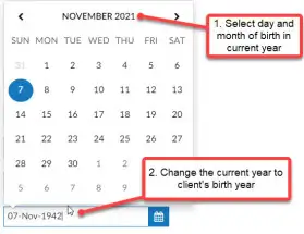 Calendar showing DOB selection