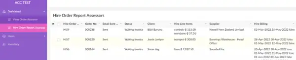 Screenshot View Hire Order Assessors Report