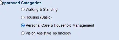 Screenshot showing personal care and household management selected in a radio bu