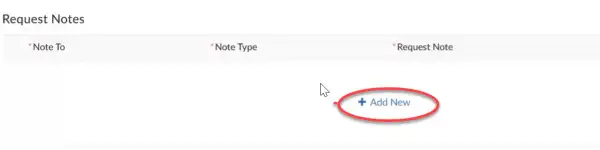 Screenshot of the 'Add New' button circled in red under 'Request Notes'