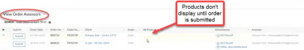 Screenshot with a callout box saying 'Products don't display until order is submitted'