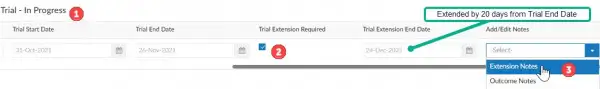 Screenshot showing how to request a trial extension